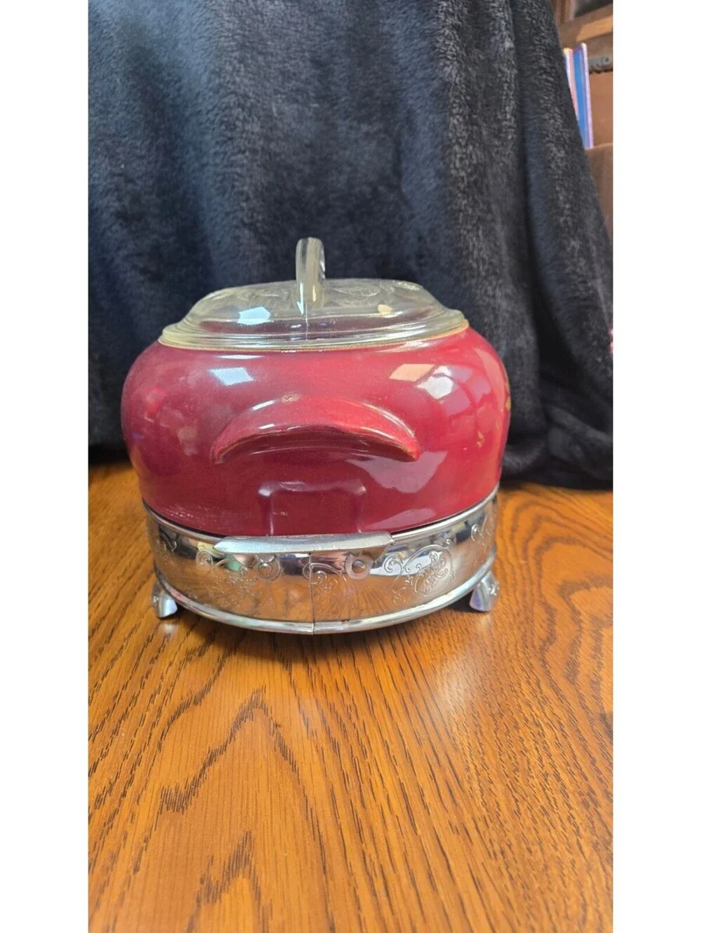 Vintage Red Ceramic and Silver Plated Chafing Dish with Glass Lid
